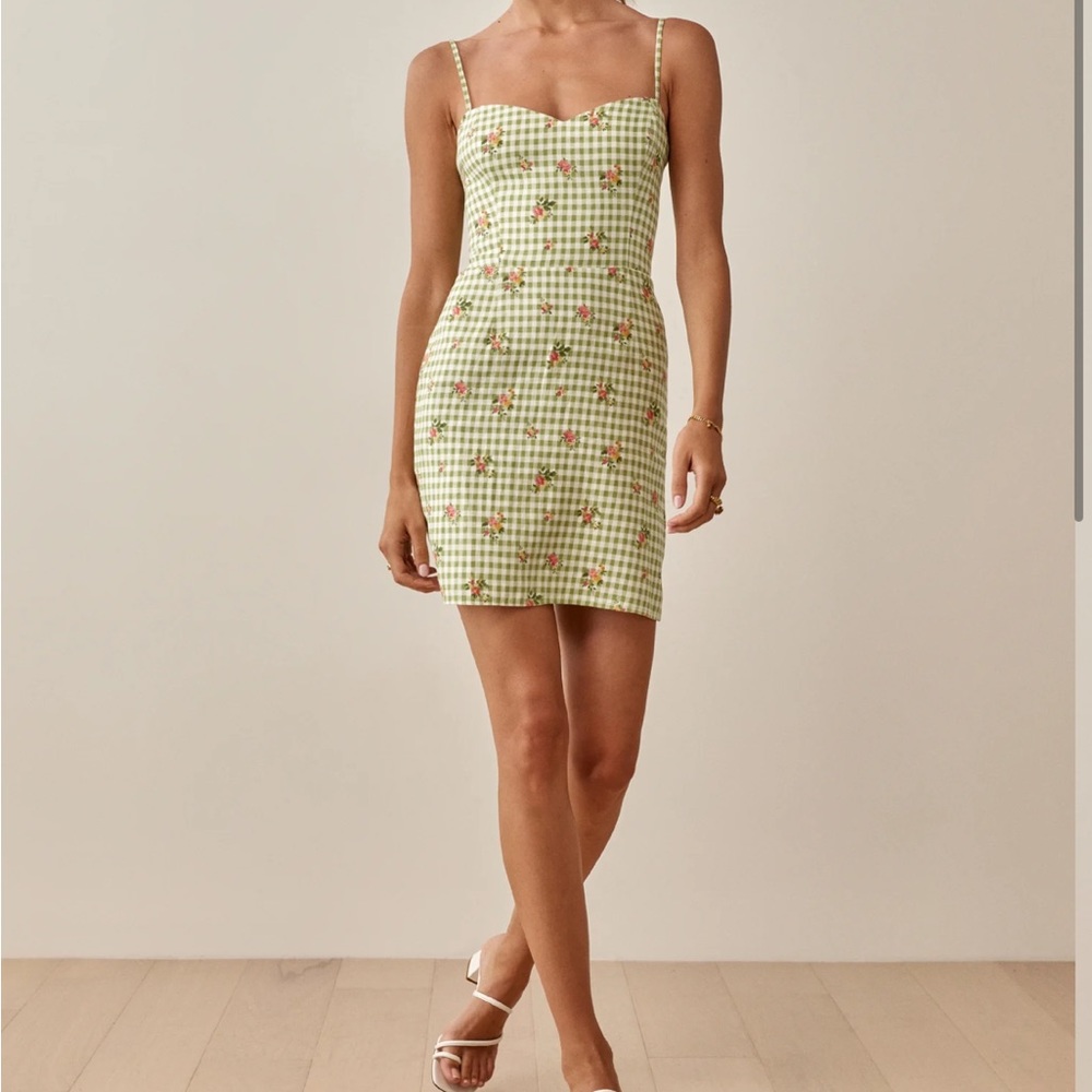 Reformation Green and White Checkered Mini Dress